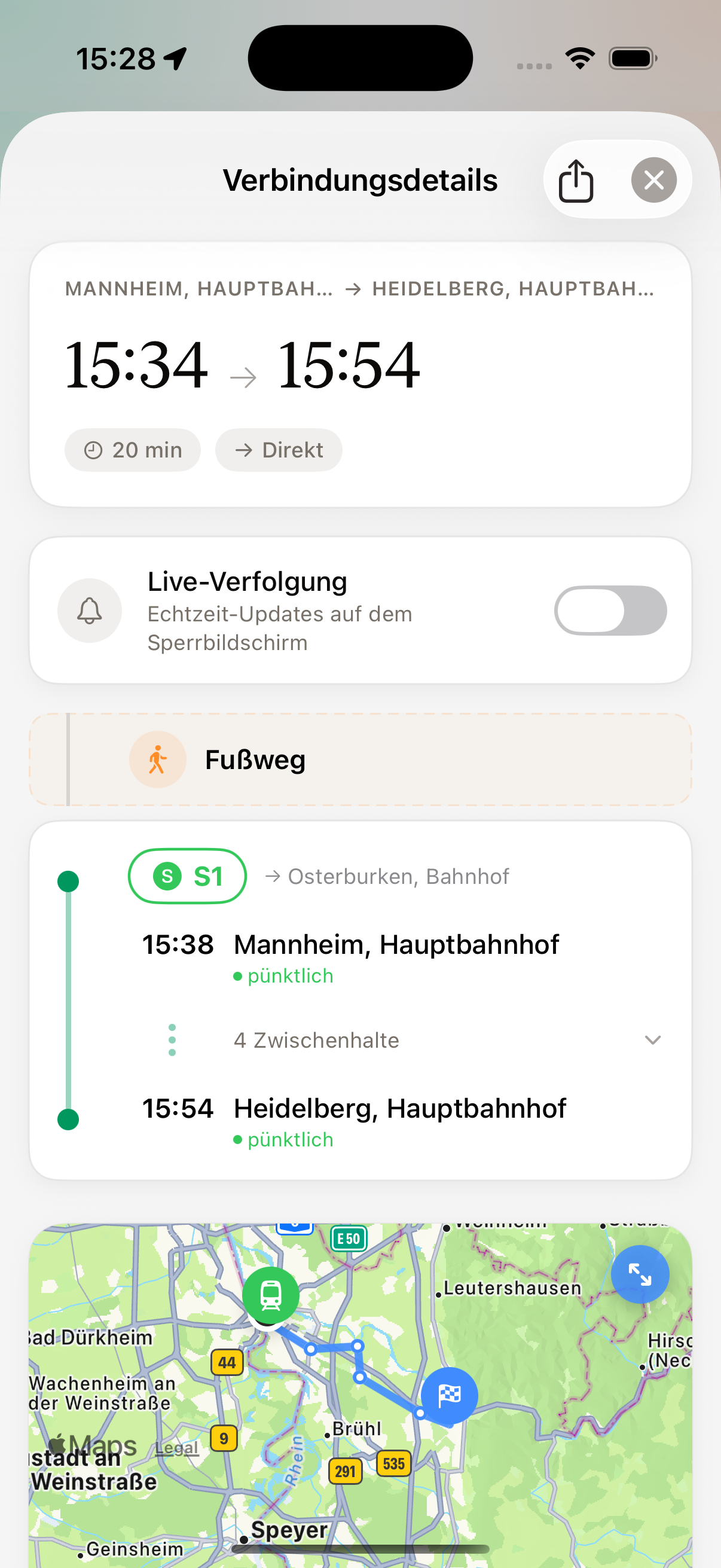 Verbindungsdetails mit Karte